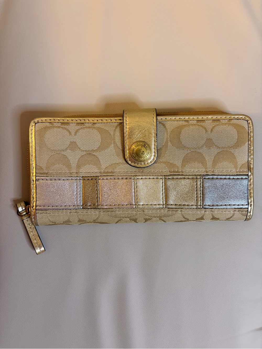 Coach Legacy Metallic Stripe Signature Continental Wallet in Gold and Champagne